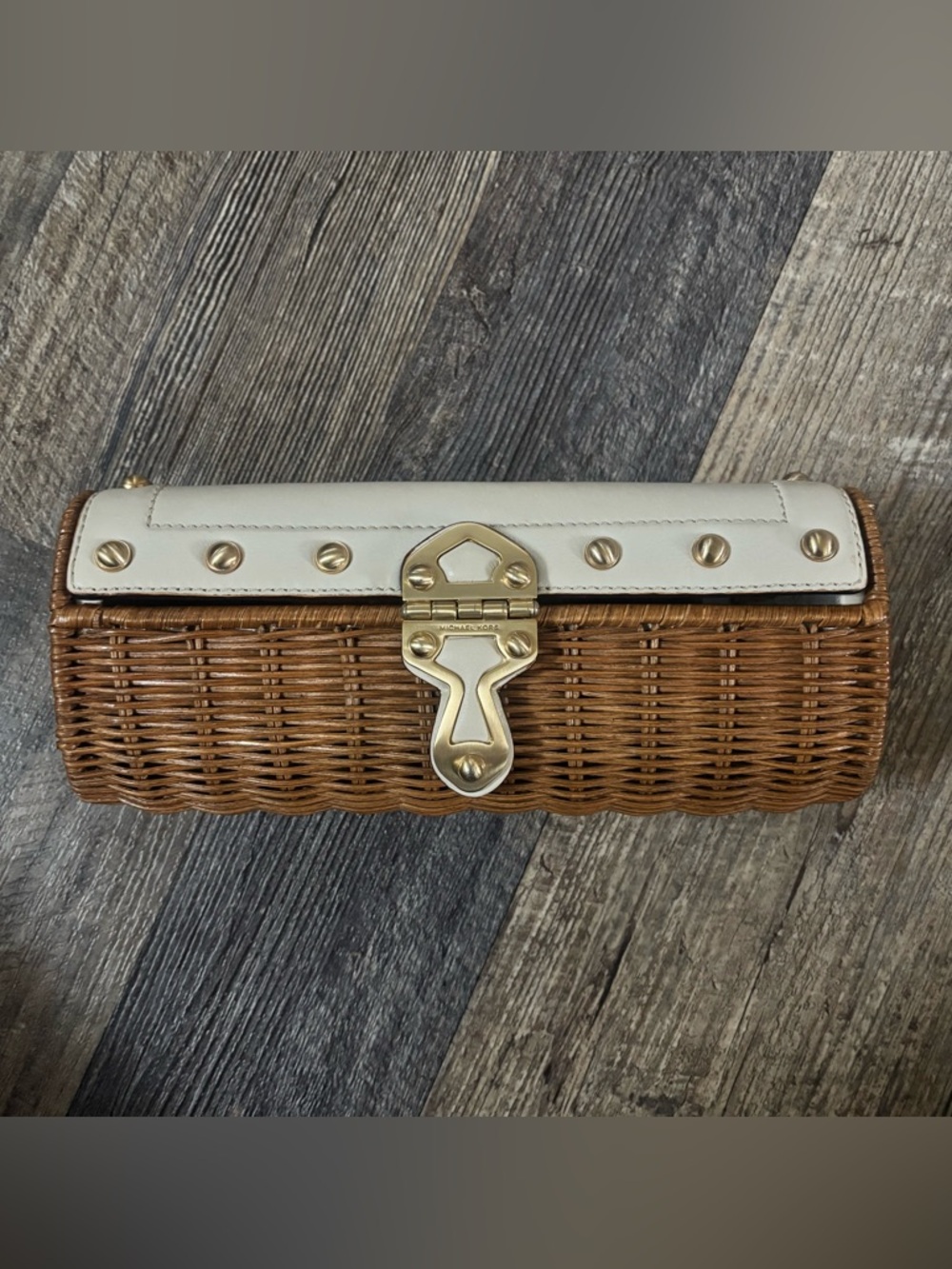 Michael Kors Santorini Wicker Clutch Rattan Leather Trim Gold Studded Wristlet